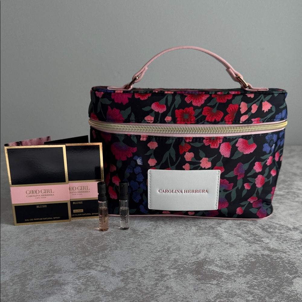 Carolina Herrera Black Floral Cosmetic Train Case with Pink Accents